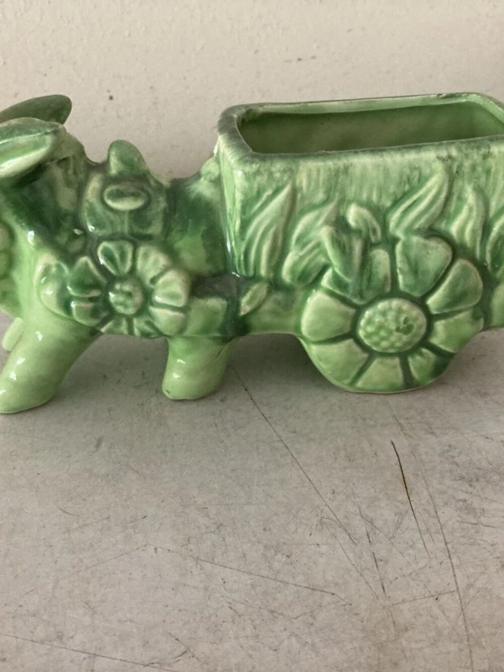 Green Ceramic Donkey Planter Floral Design Glazed Indoor Decorative